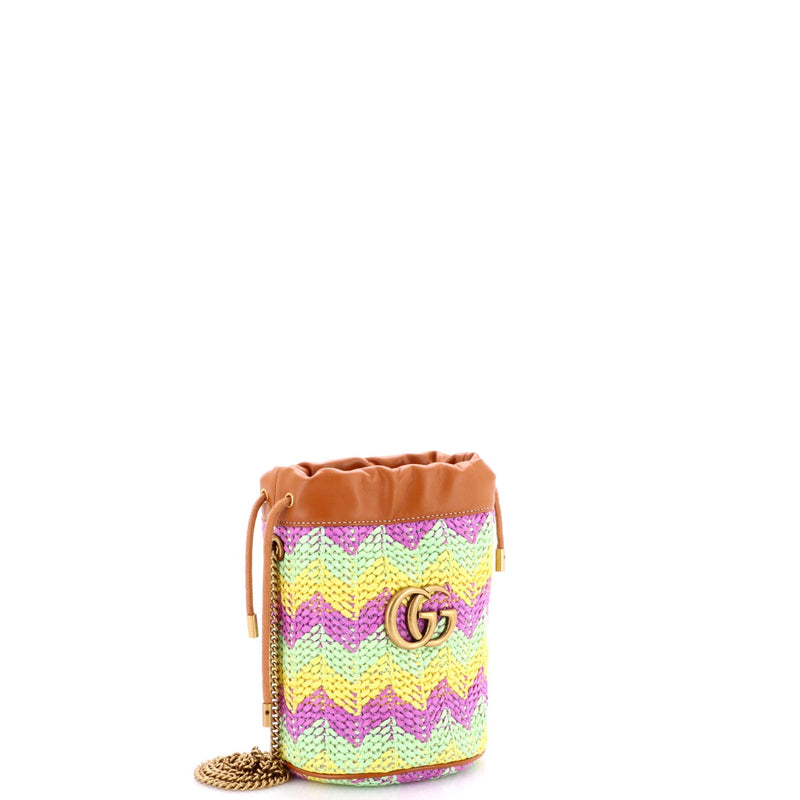 Gg Marmont Bucket Bag Woven Raffia Mini