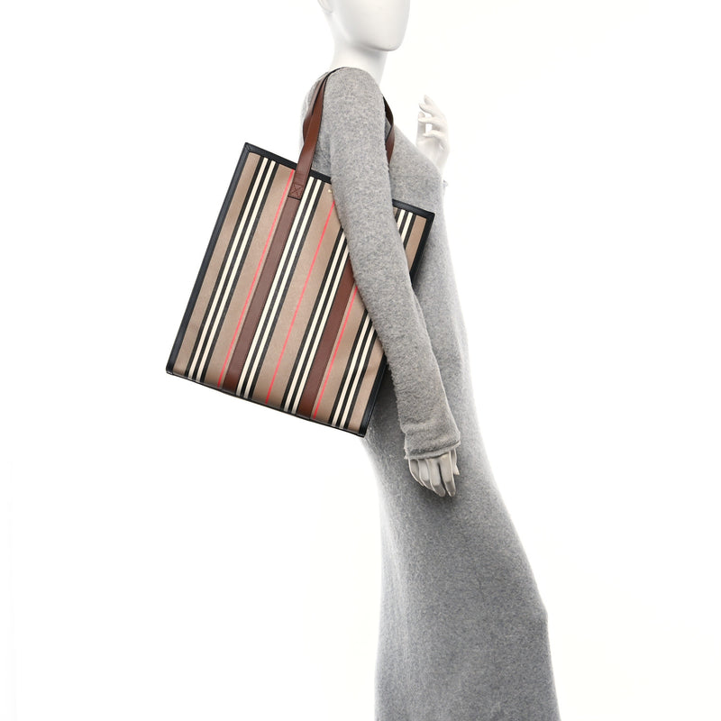 Burberry E-Canvas Stripe Book Tote Tan