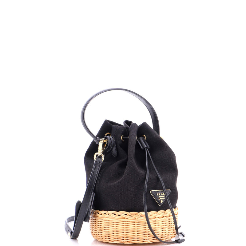 Drawstring Bucket Bag Canvas And Wicker