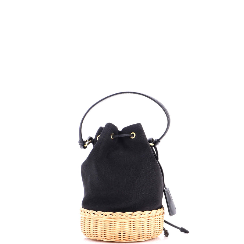 Drawstring Bucket Bag Canvas And Wicker