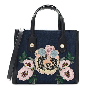 Denim Embroidered Tiger Tote Blue