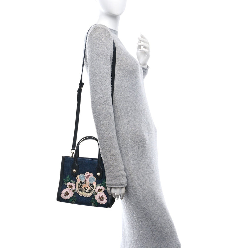 Denim Embroidered Tiger Tote Blue