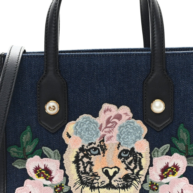 Denim Embroidered Tiger Tote Blue