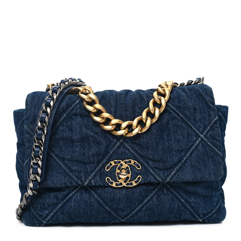 Denim Quilted Large Chanel 19 Flap Blue