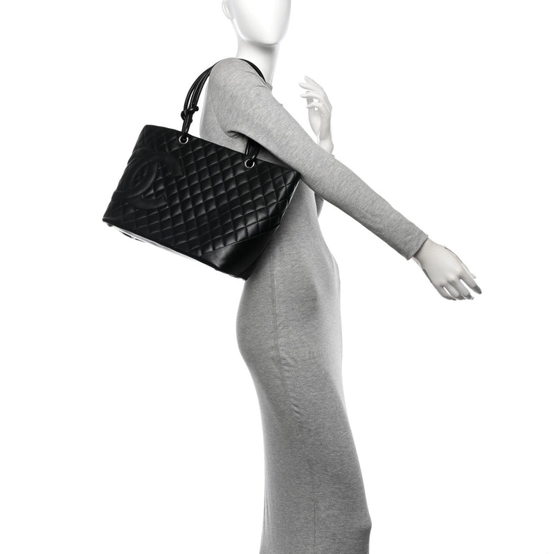Calfskin Quilted Large Cambon Tote Black