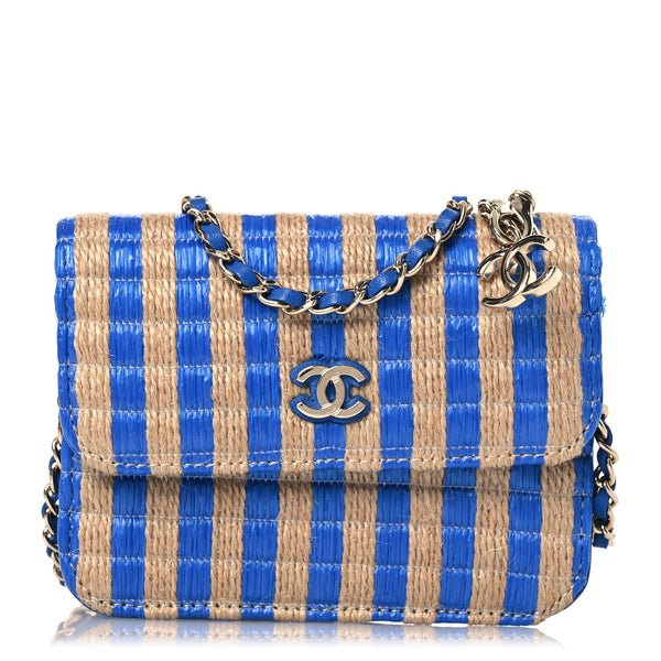 Raffia Jute Striped Belt Bag Blue Beige