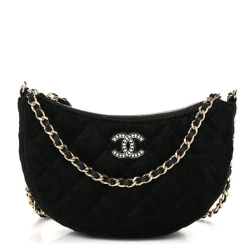 Velvet Crystal Quilted Chain Hobo Black