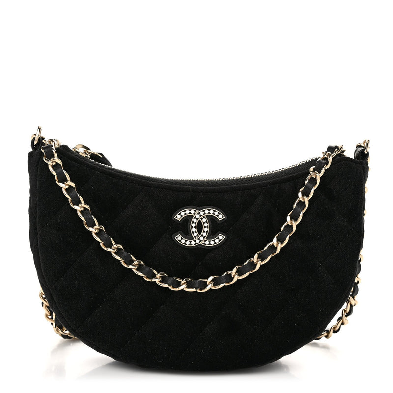 Velvet Crystal Quilted Chain Hobo Black