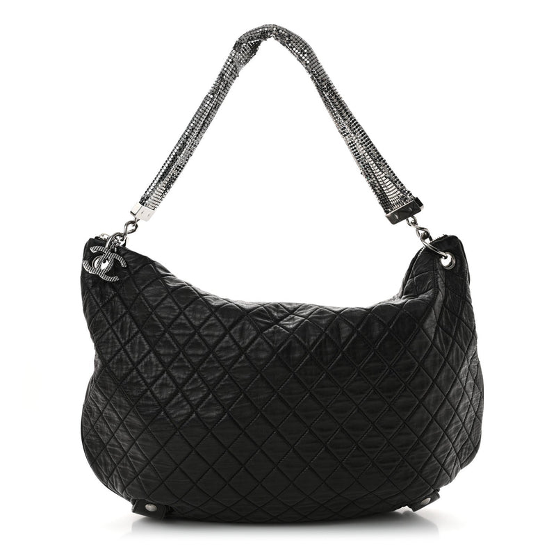 Lambskin Large Chain Mail Hobo Black