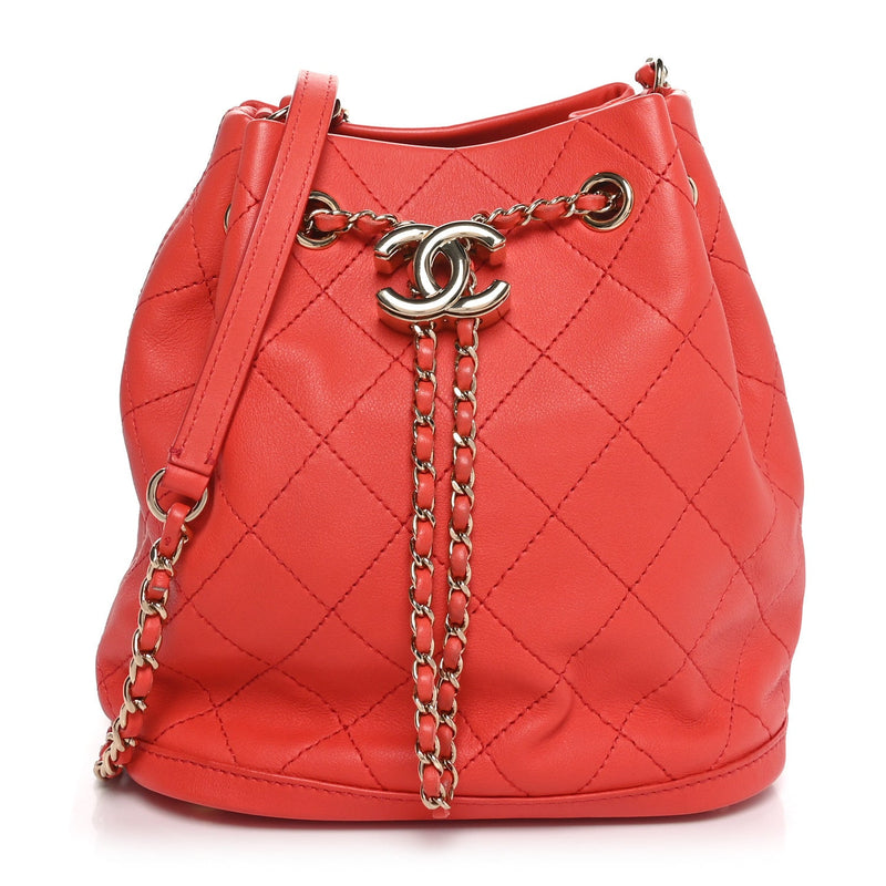 Calfskin Stitched Chain Bucket Bag Coral
