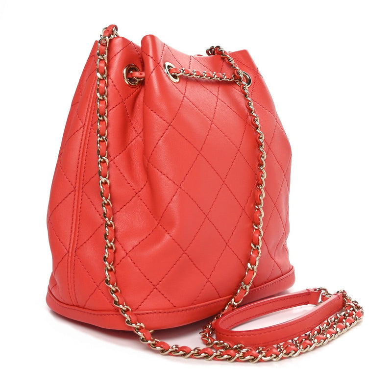 Calfskin Stitched Chain Bucket Bag Coral