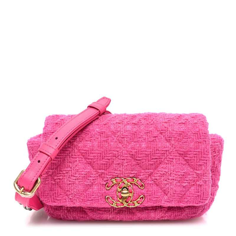 Tweed Quilted Chanel 19 Waist Bag Pink