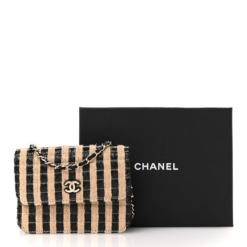 Raffia Jute Striped Belt Bag Black Beige