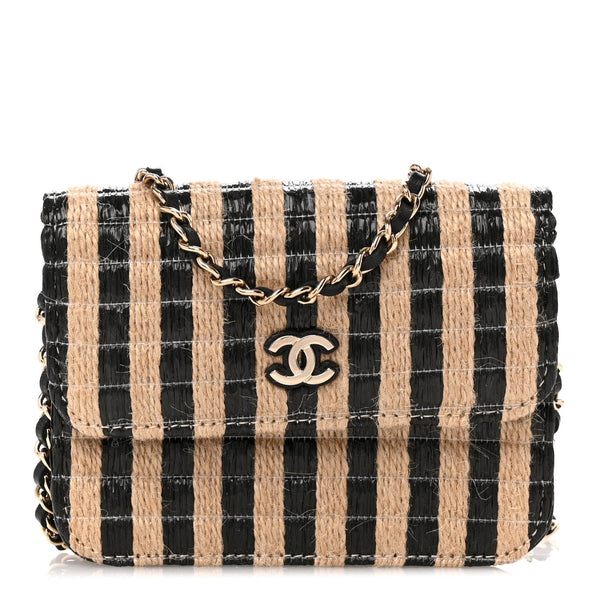 Raffia Jute Striped Belt Bag Black Beige