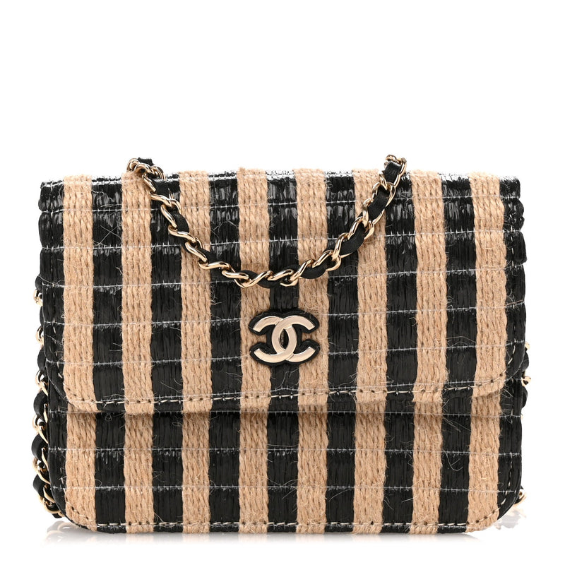 Raffia Jute Striped Belt Bag Black Beige
