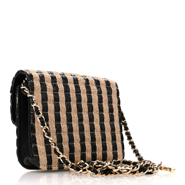 Raffia Jute Striped Belt Bag Black Beige