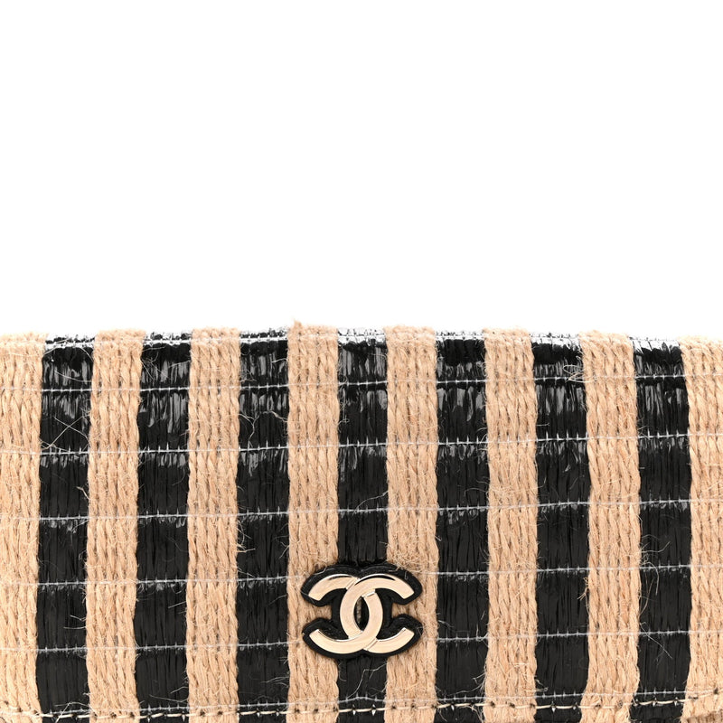 Raffia Jute Striped Belt Bag Black Beige