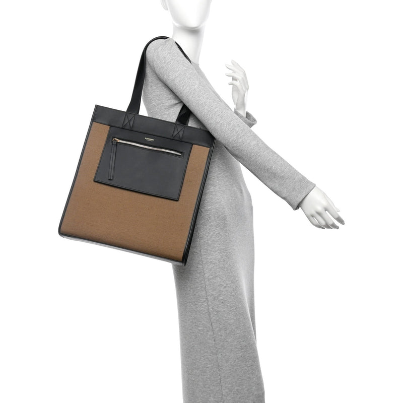 Canvas Calfskin Small Pocket Tote Camel