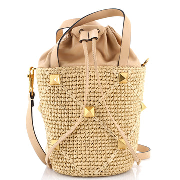Roman Stud Bucket Bag Raffia And Leather