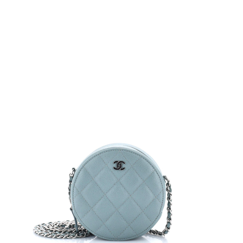 Round Clutch With Chain Quilted Caviar