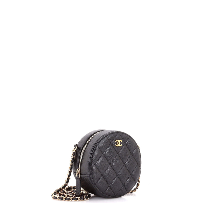 Round Clutch With Chain Quilted Caviar