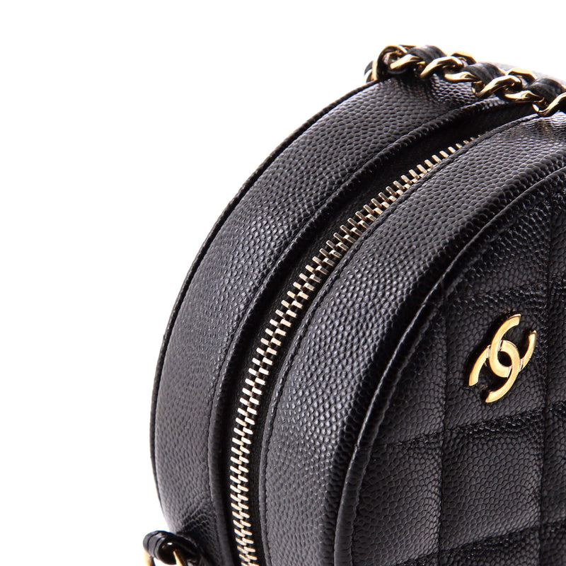 Round Clutch With Chain Quilted Caviar