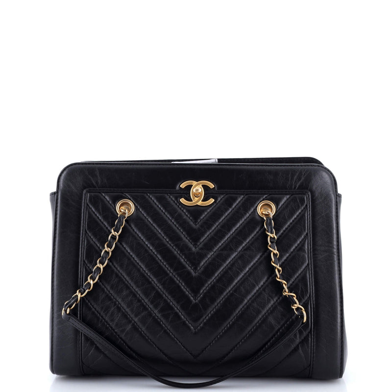 Cc Chain Shopping Tote Chevron Calfskin