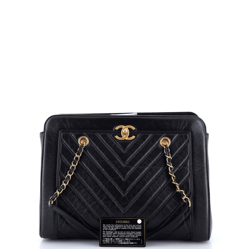 Cc Chain Shopping Tote Chevron Calfskin