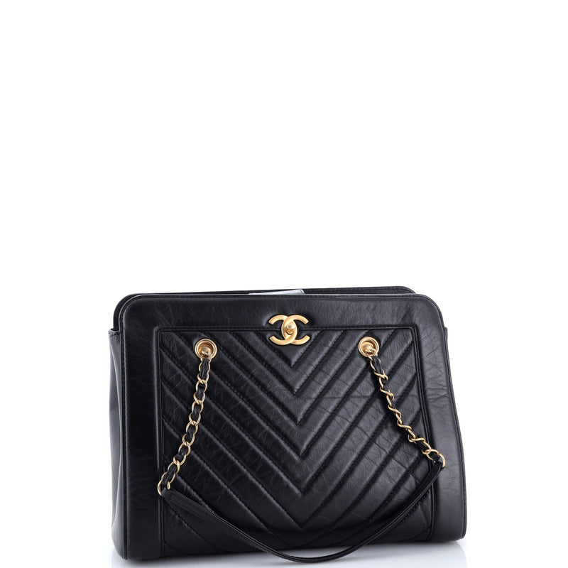 Cc Chain Shopping Tote Chevron Calfskin