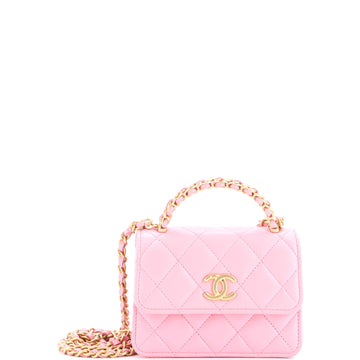 Woven Top Handle Cc Flap Clutch On Chain