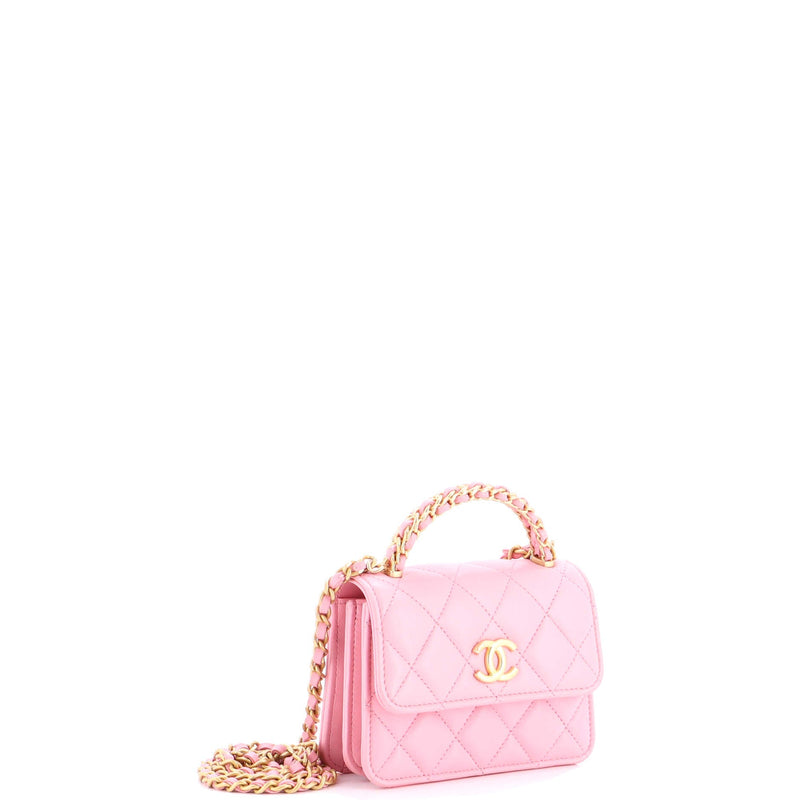 Woven Top Handle Cc Flap Clutch On Chain