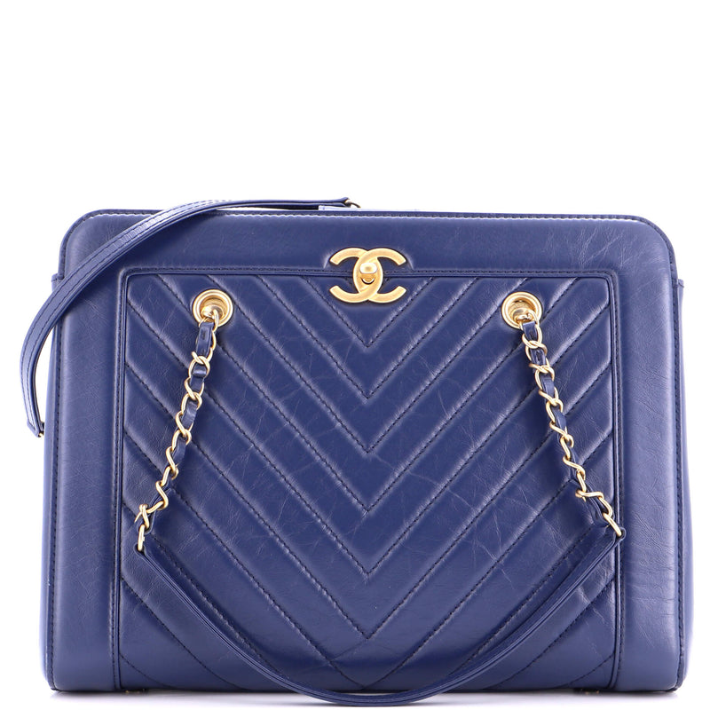 Cc Chain Shopping Tote Chevron Calfskin