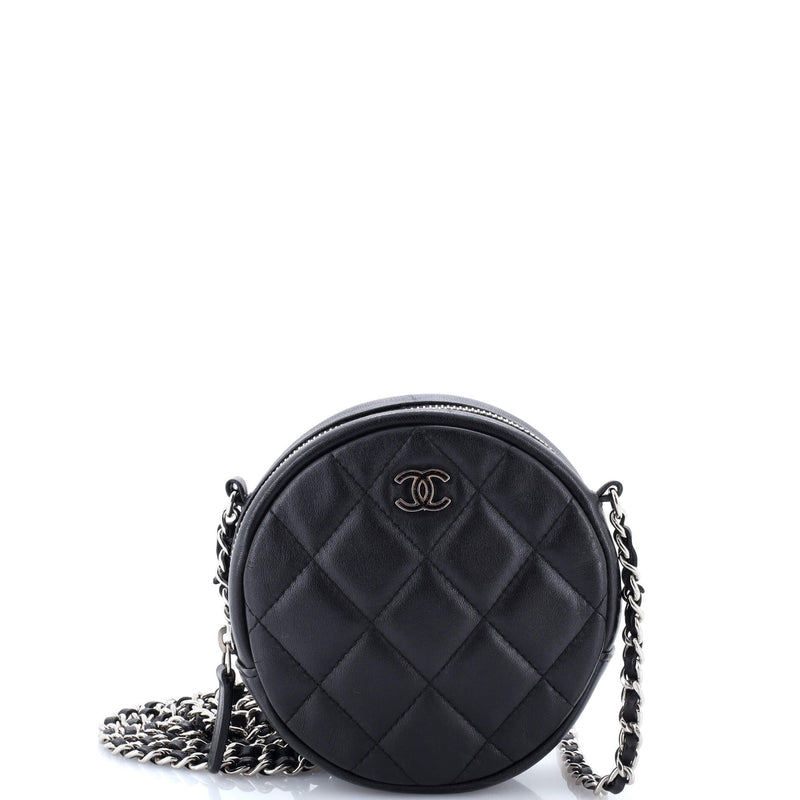 Round Clutch With Chain Quilted Lambskin
