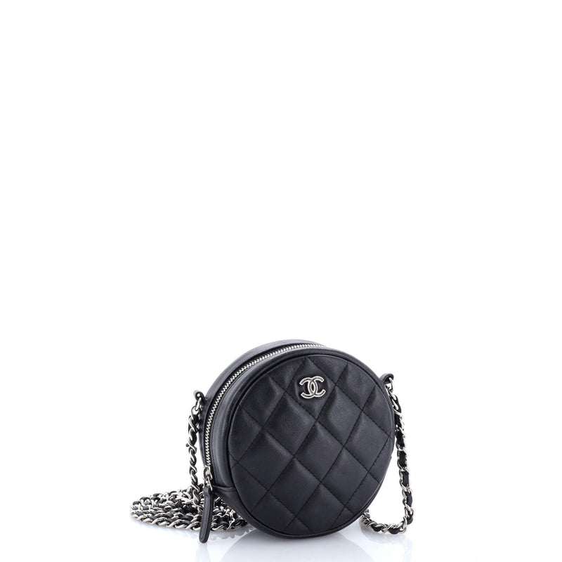 Round Clutch With Chain Quilted Lambskin
