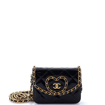 Heart Chain Flap Bag Quilted Patent Mini