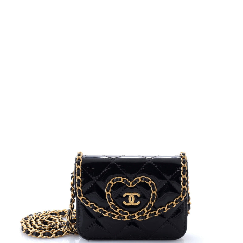 Heart Chain Flap Bag Quilted Patent Mini