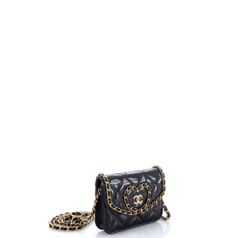 Heart Chain Flap Bag Quilted Patent Mini