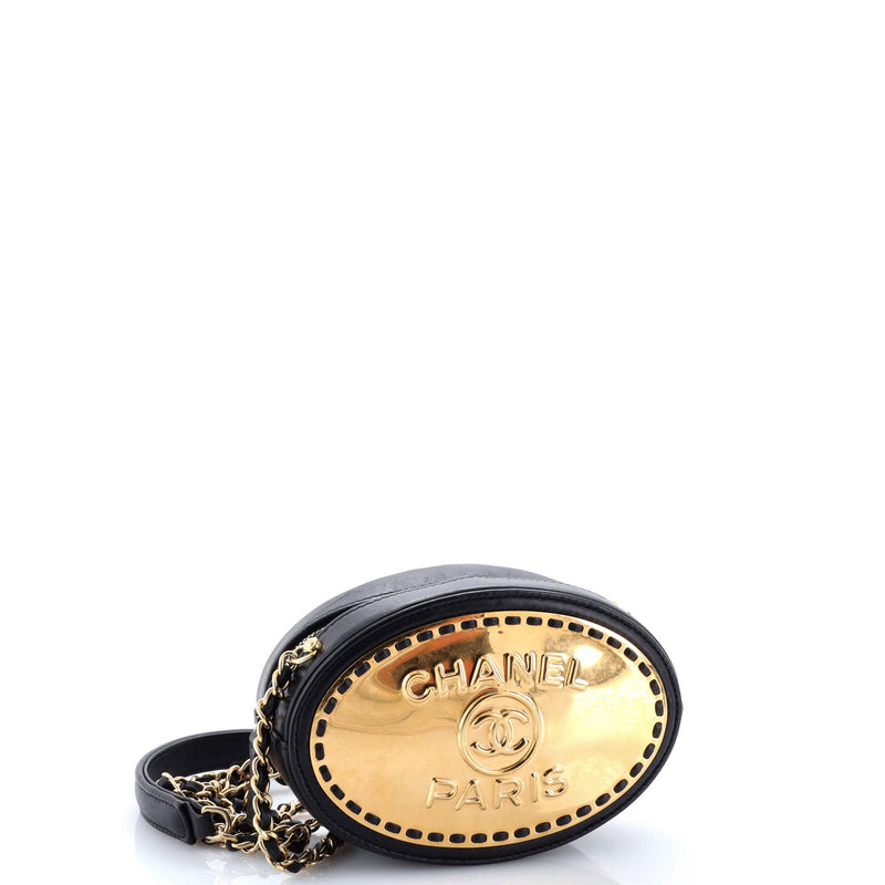 Logo Plate Oval Clutch With Chain Metal