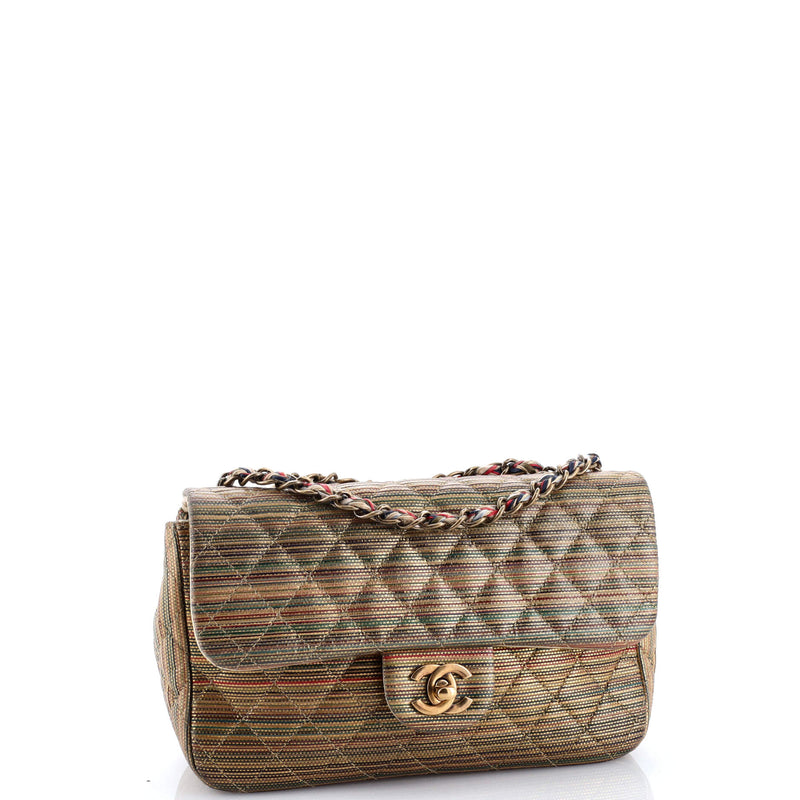 Multicolor Stripe Flap Bag Raffia Effect