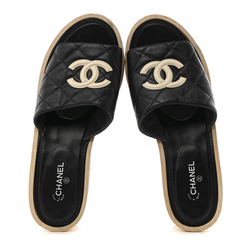 Lambskin Cc Flat Slide Sandals 40 Black