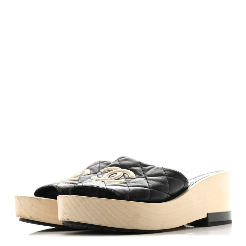 Lambskin Cc Flat Slide Sandals 40 Black