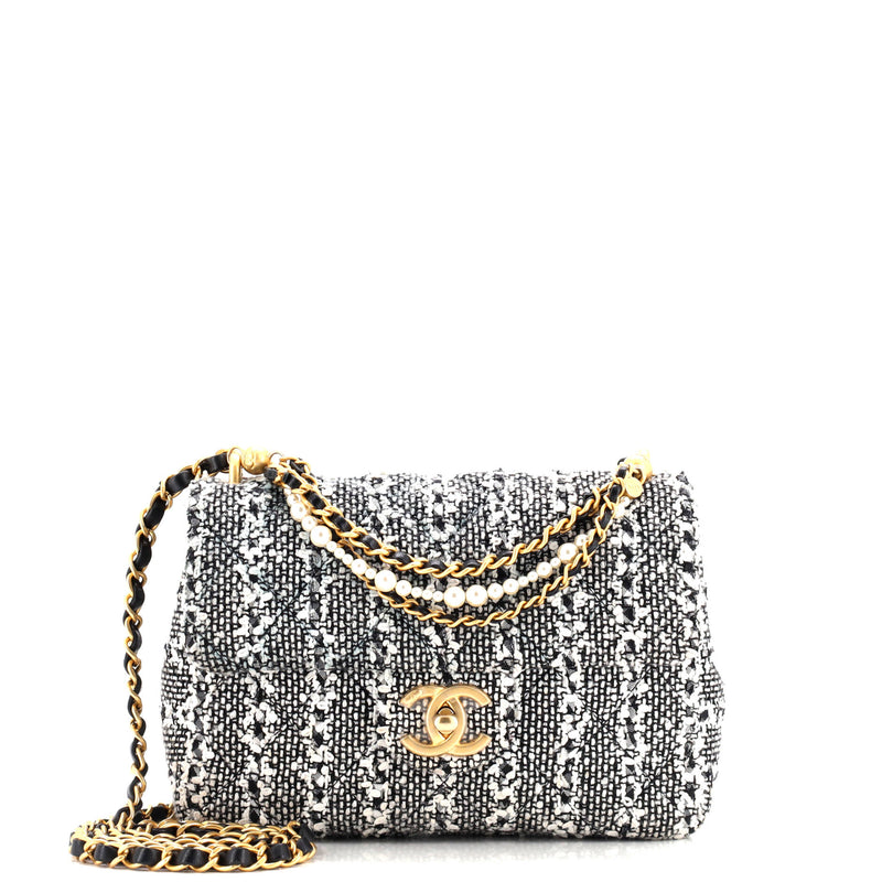 Pearl Chain Cc Flap Bag Quilted Tweed