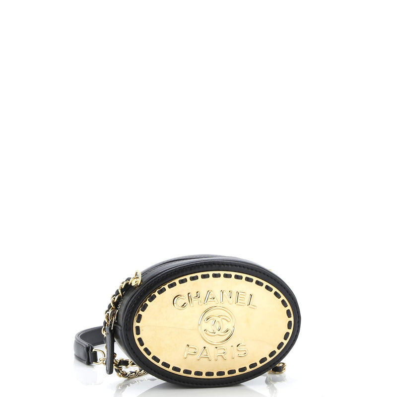 Logo Plate Oval Clutch With Chain Metal
