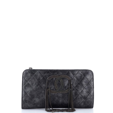 Cc Chain Fringe Wristlet Clutch Quilted