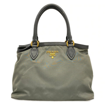 Prada Khaki Dark Gray Nylon Leather Tote