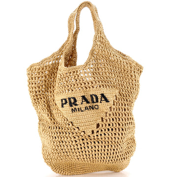 Prada Triangle Logo Bucket Tote Raffia