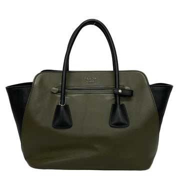 Prada Khaki Black Leather Tote Bag