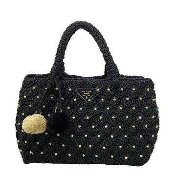 Prada Black Cream Raffia Tote Bag