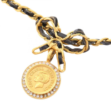 Chanel Ribbon Coin Necklace Gold Leather
