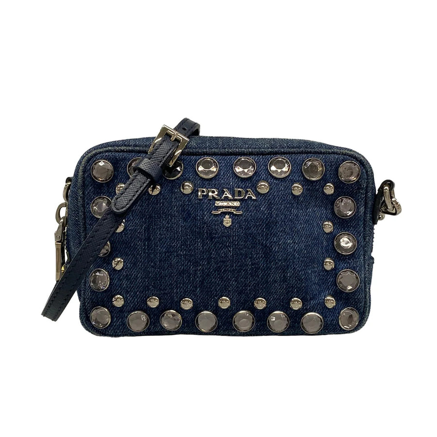 Prada Navy Denim Leather Shoulder Bag